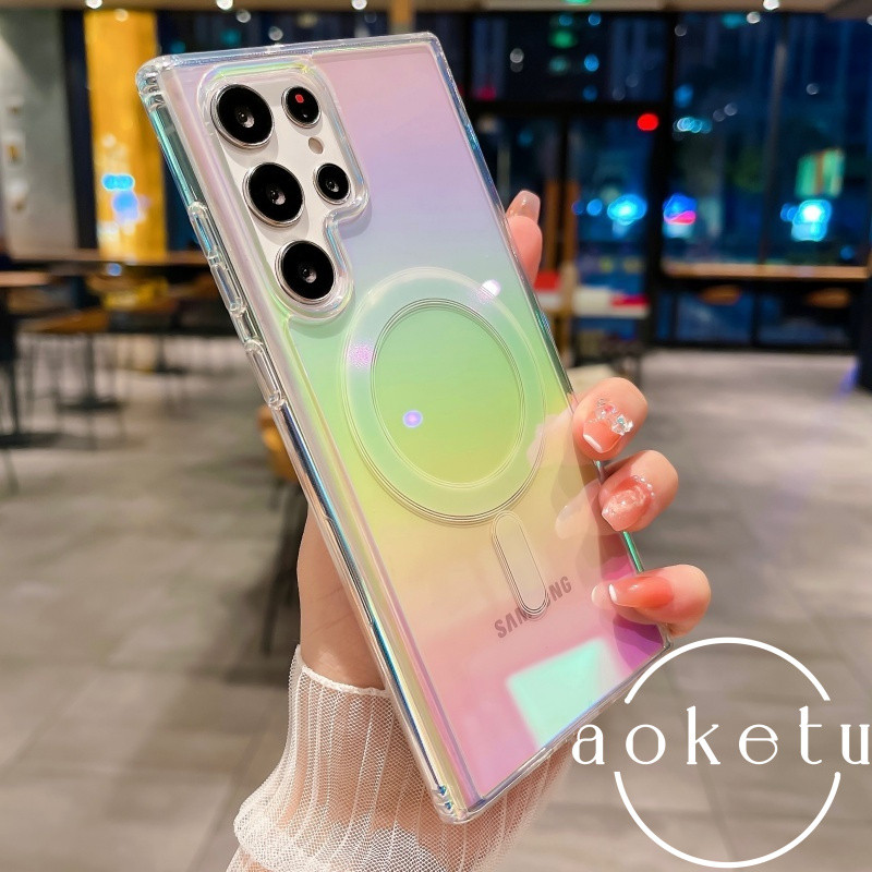 เคสโทรศัพท์ Samsung S23ultra เลเซอร์ S25ultra ฝาครอบป้องกันแม่เหล็กไล่ระดับสีโปร่งใสเหมาะสําหรับ S23 + รวมทุกอย่างป้องกันการตกชายและหญิง S22 ปกแข็งบางเฉียบ