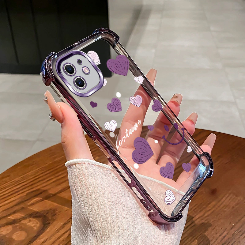 เหมาะสําหรับ iPhone 11 12 pro max 12 mini เคสโทรศัพท์สี่มุมซิลิโคน TPU หัวใจยิ้มโปร่งใส soft shell 021