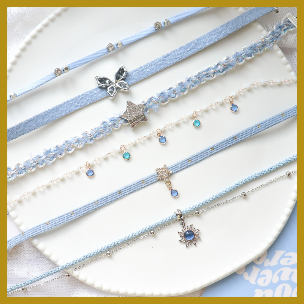 เครื่องประดับหรู สร้อยคอน่ารัก สีเทาและฟ้า แบบชอกเกอร์ผีเสื้อ สำหรับ 여성