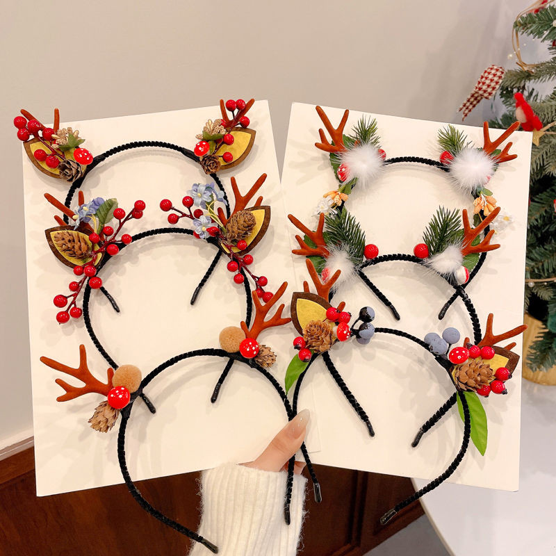 新品现货圣诞节饰品高颜值麋鹿发箍头饰轻奢可爱发卡表演拍照发饰鹿角头箍Christmas jewelry high color value elk hairband headdress light202