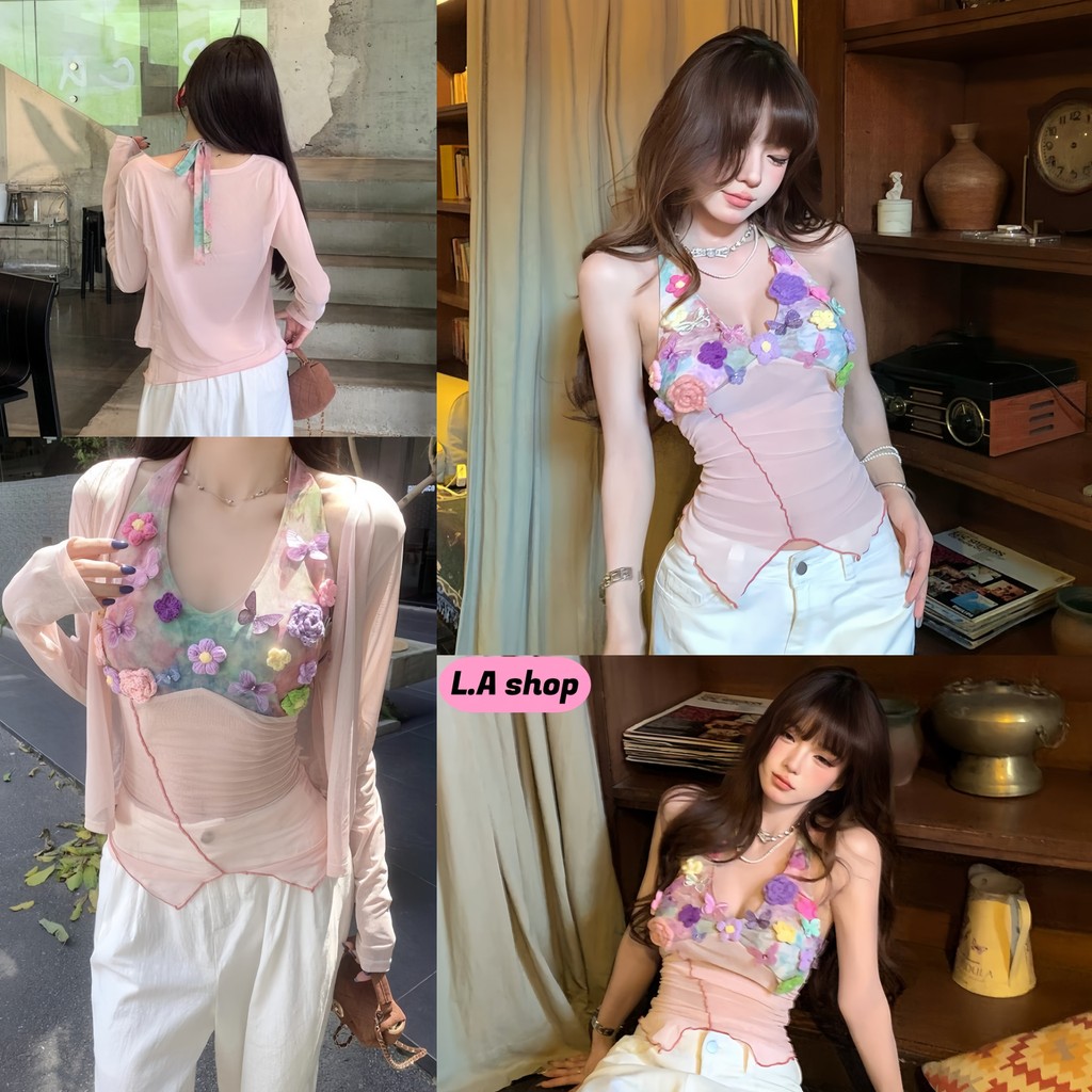 L.A Shop★เสื้อคุณภาพดี กล้าม/เสื้อคลุมแขนยาว น่ารักมากๆ คล้องคอ ตกแต่งด้วยดอกไม้ "FY947/FY951"