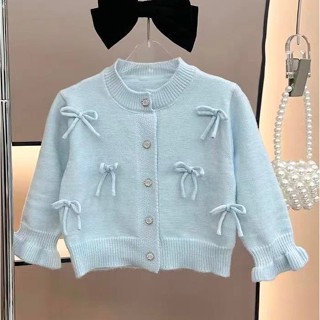 พร้อมส่งจากไทยค่ะ เสื้อกันหนาว แขนยาว แต่งโบว์โทนสีฟ้าเขียวอ…