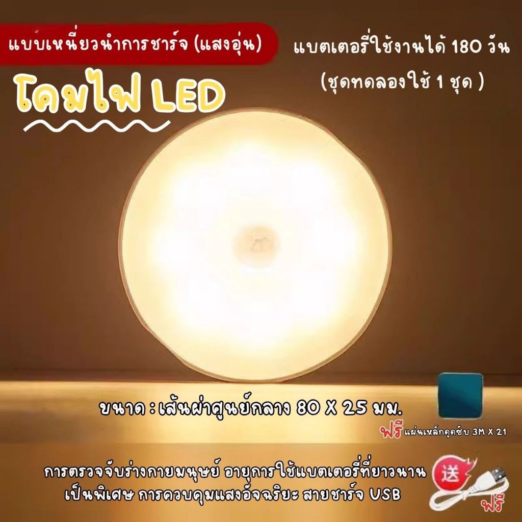 โคมไฟ LED เซ็นเซอร์จับความเคลื่อนไหว แสงวอร์มไวท์/คูลไวท์ ชาร์จ USB แบตอึด ไฟติดผนังทางเดิน ตู้เสื้อผ้า
