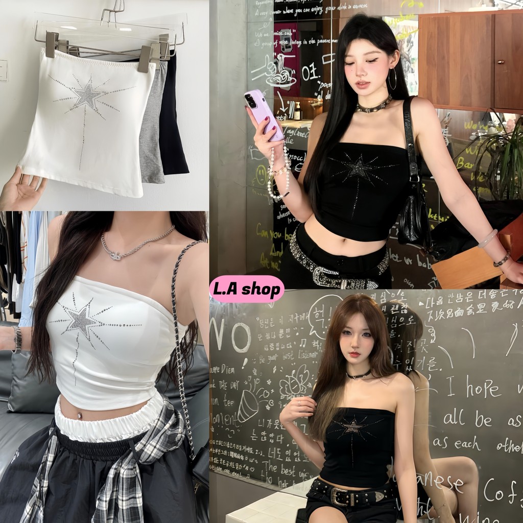 L.A Shop★เสื้อคุณภาพดี เสื้อเกาะอก เสริมฟองน้ำในตัว ลายเพชรดาว สีพื้นมินิมอล มินิมอล เข้ารูป"FY3573"