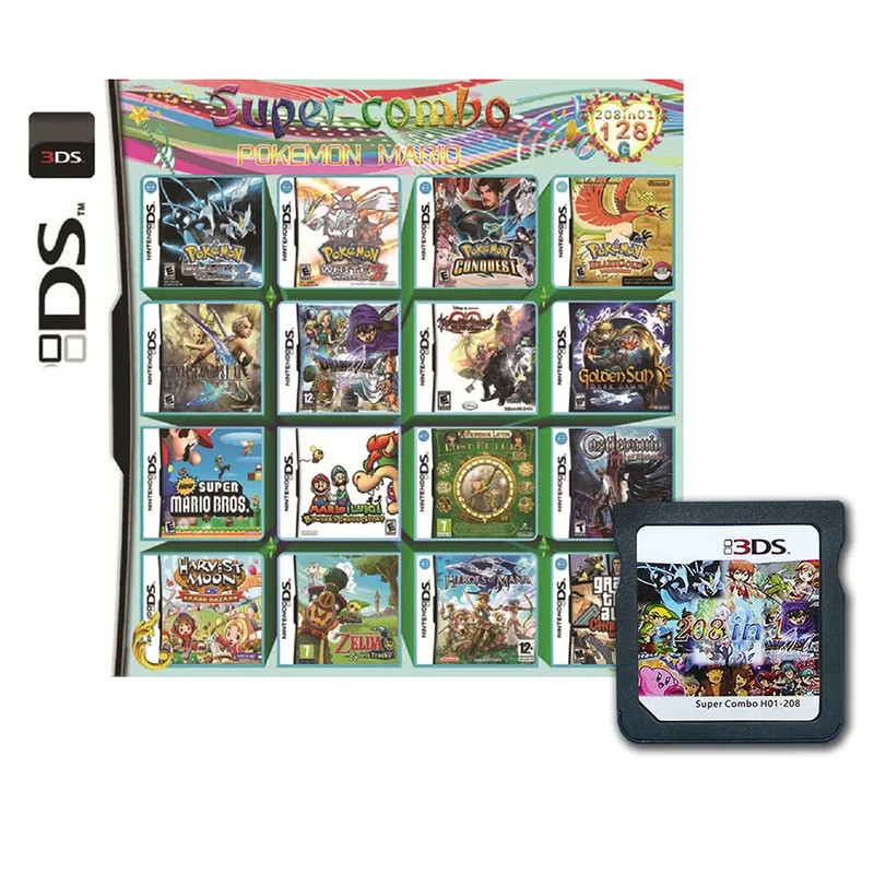 การ์ดเกม 3DS NDS การ์ดรวม 208 In 1 NDS การ์ดรวม NDS Cassette 510 IN1 520 500