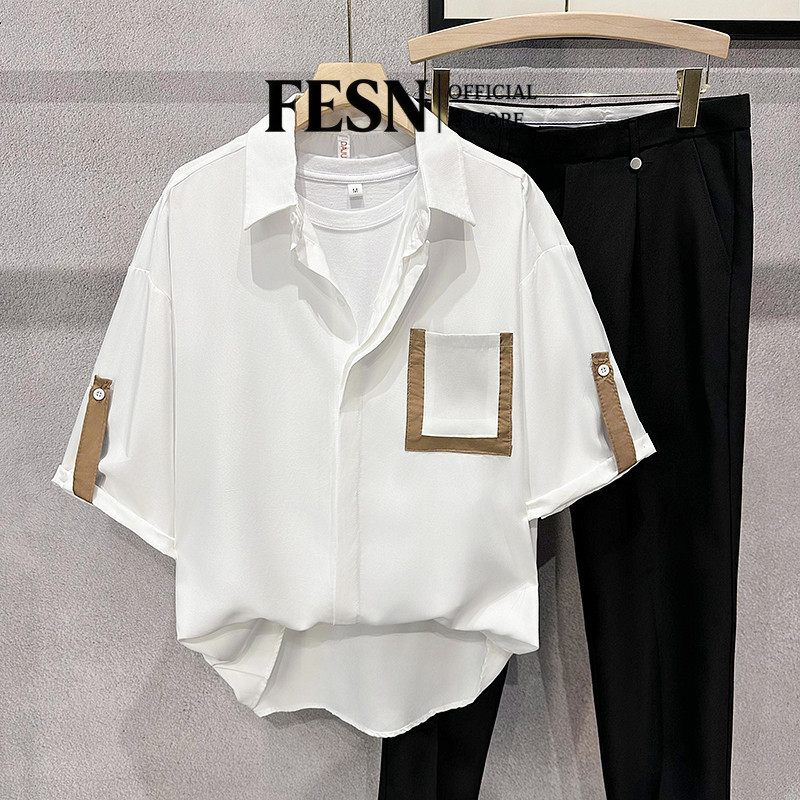 แขนสั้นนิ้วเสื้อสไตล์ใหม่ครึ่งแขน คนพาล หล่อสีขาวถนนสวมใส่ผู้ชายผ้าไหมน้ําแข็งฤดูร้อนเสื้ออินเทรนด์ห้าจุด