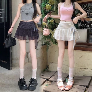 สไตล์เกาหลีผูกโบว์ลายจุดกระโปรงตาข่ายอเนกประสงค์สำหรับผู้หญิงฤดูร้อนกระโปรงเอวสูงพอง