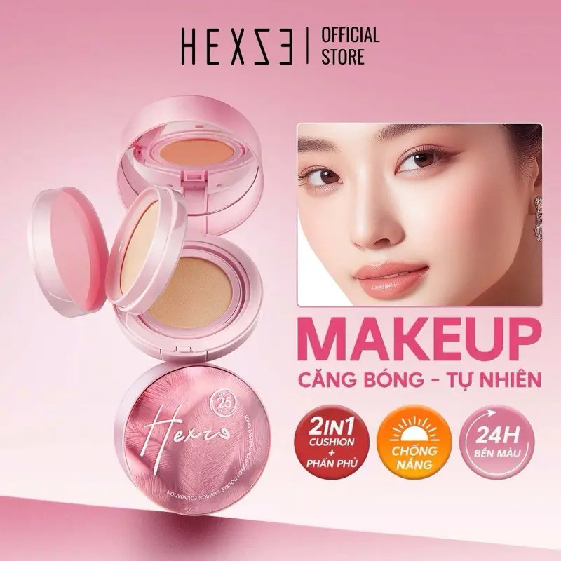 HEXZE 2in1 คุชชั่นพร้อมแป้ง SPF25 PA+++ 13g+6.5g ครีมกันแดดแต่งหน้าติดทนนาน Natural Glow