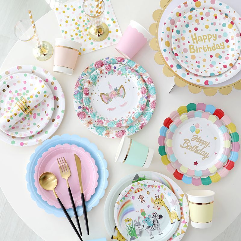 生日桌布一次纸盘派对布置餐具套装宝宝周岁蛋糕碟子甜品台Birthday Party Paper Plate, Paper Cup, Tablecloth Set, Cake, Colorful Pap