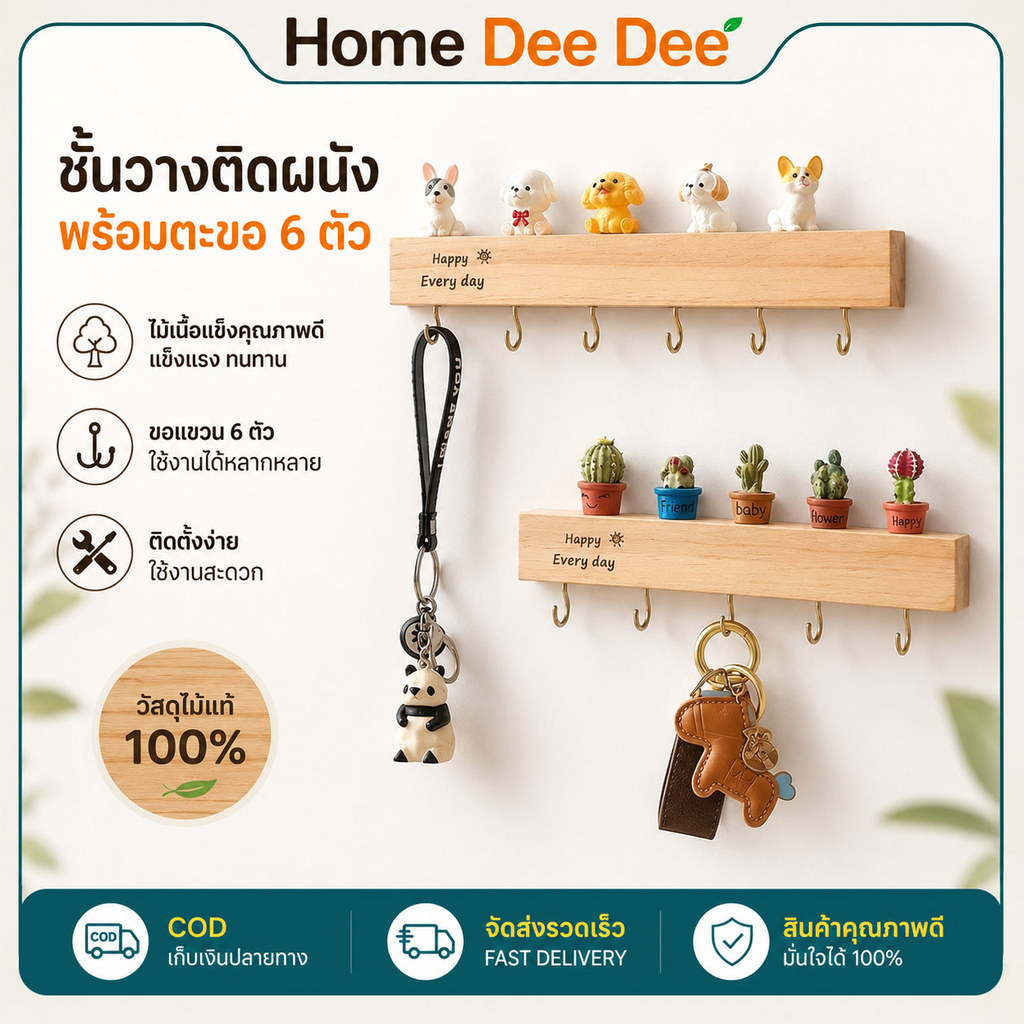 ชั้นวางกุญแจติดผนัง ที่แขวนกุญแจไม้เนื้อแข็ง ตะขอแขวนอเนกประสงค์ แข็งแรง ทนทาน