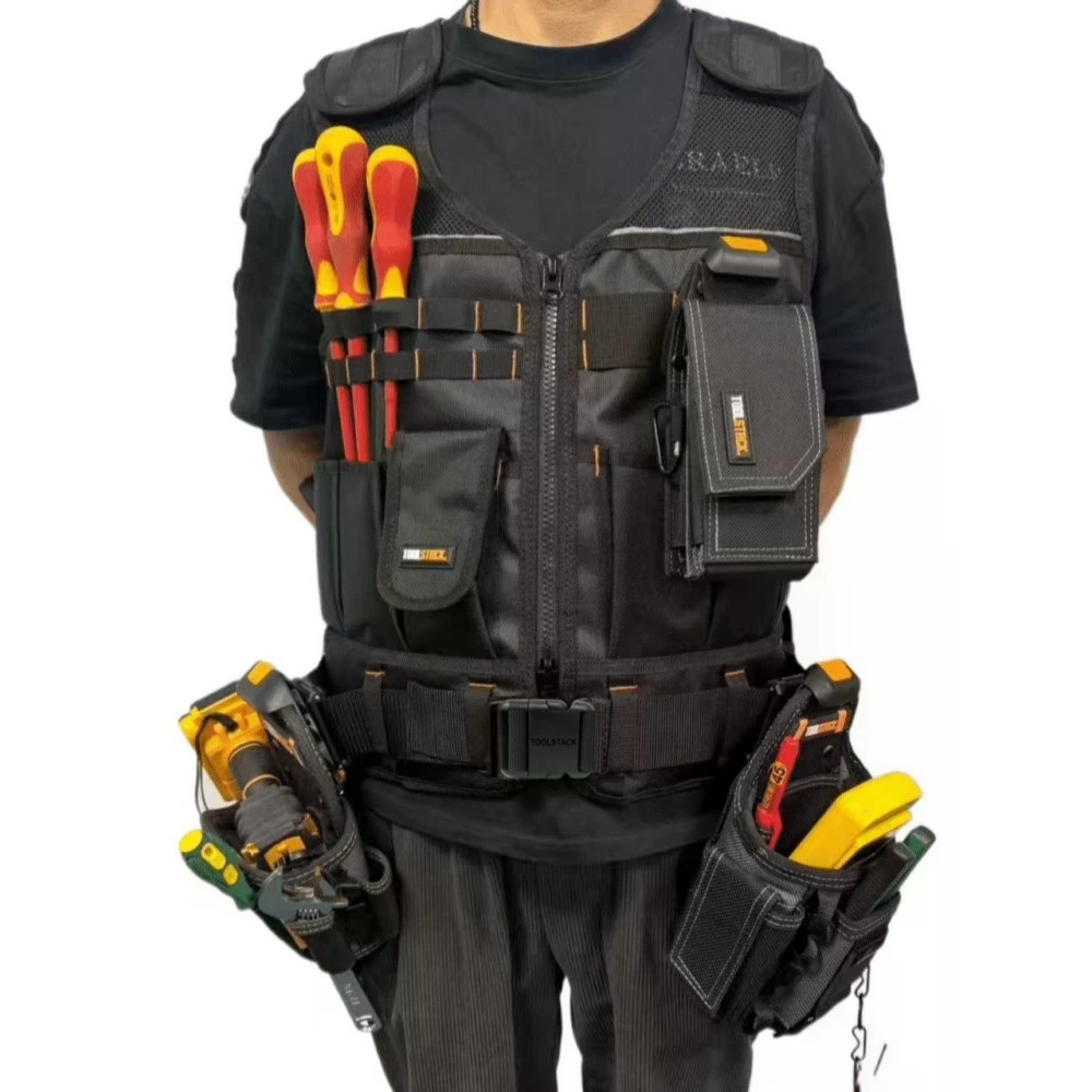 TOOLSTACK เสื้อกั๊กทํางานสําหรับงานหนักหลายกระเป๋าทนทานเสื้อกั๊กก่อสร้างระบายอากาศแบบปรับได้เสื้อกั๊