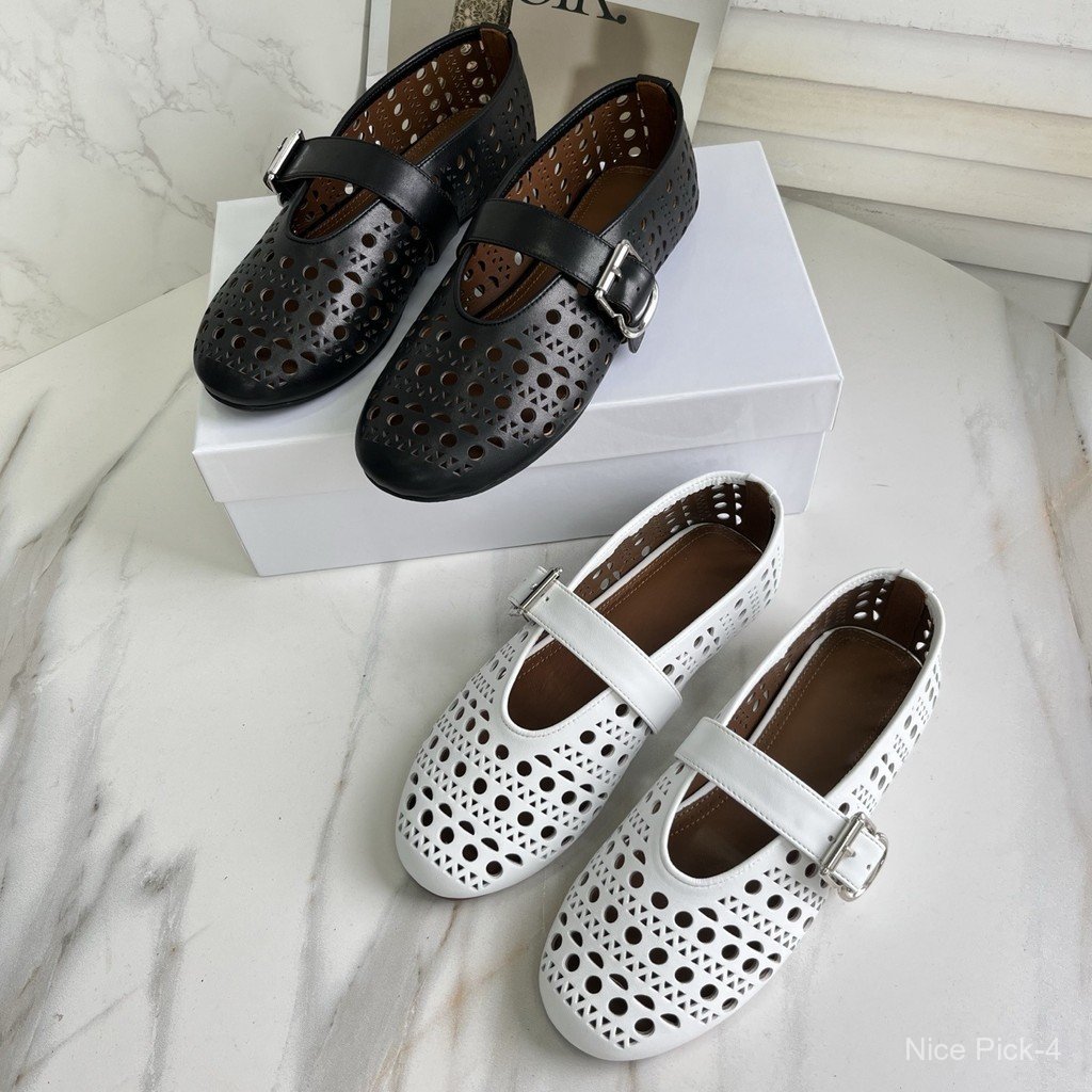 2025ALA * IA Non-Standard Hole Shoes Flat Buckle Strap Hollow Round Toe Flat Ballet Boat Shoes Breat