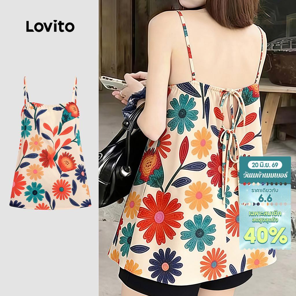 Lovito เสื้อเบลาส์ผู้หญิง ผูกโบว์หลัง แบบลําลอง สําหรับฤดูใบไม้ผลิ/ฤดูร้อน LK6AD166