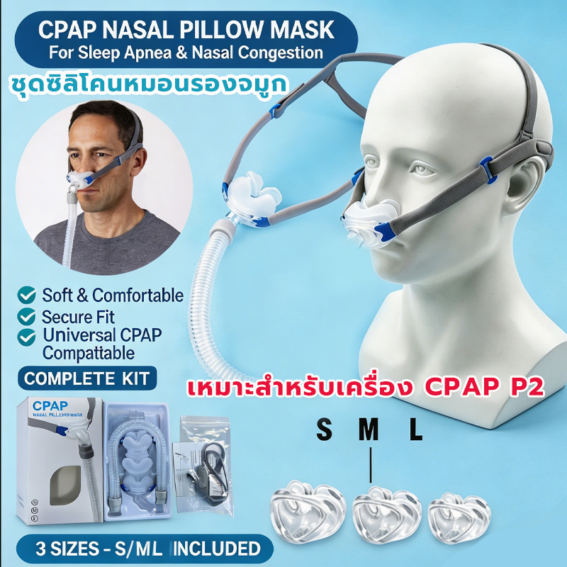 3 IN 1 ชุดซิลิโคนหมอนรองจมูก S/M/L เหมาะสำหรับเครื่อง CPAP P2 เชื่อมต่อท่อและจมูก