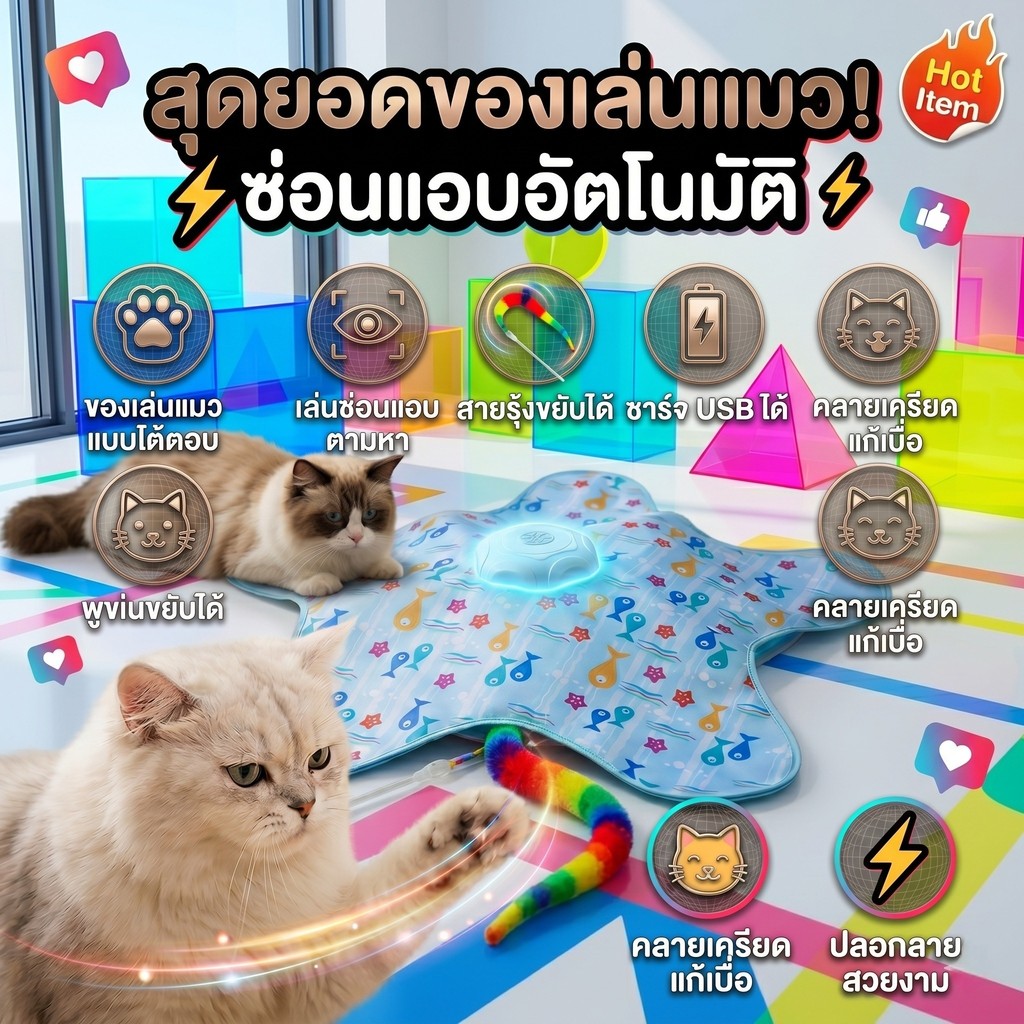 （ซื้อ 1 แถม 1）✨ ของเล่นแมวแก้เบื่อที่ดีที่สุด! เครื่องเล่นแมวอัตโนมัติ ซ่อนแอบขนนก+เสียงหนู มีเซนเซอร์สัมผัส ชาร์จไว ⚡