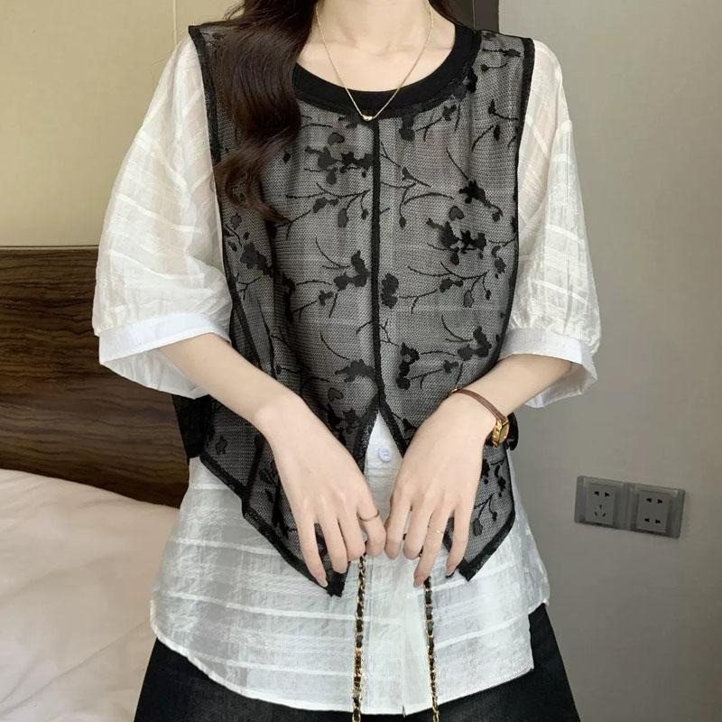 POPPY ชุดเสื้อแขนสั้นและเสื้อกั๊กผ้าแจ็กการ์ดลูกไม้เทียมสำหรับผู้หญิง สไตล์ใหม่ฤดูร้อนปี 2026 ไซส์ใหญ่ ทรงหลวม#99486