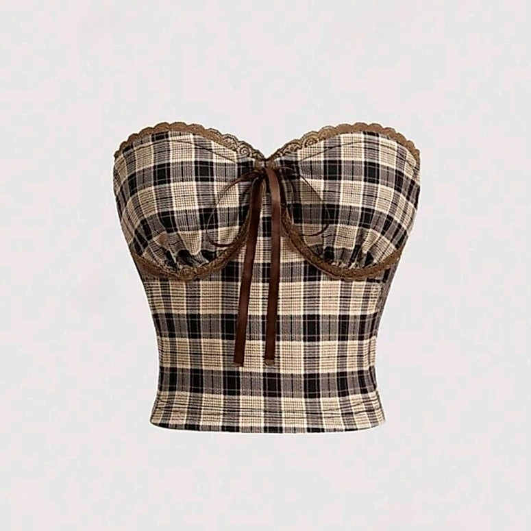Crop TC2451 เสื้อเกาะอก ลายสก็อต แต่งโบว์ด้านหน้า