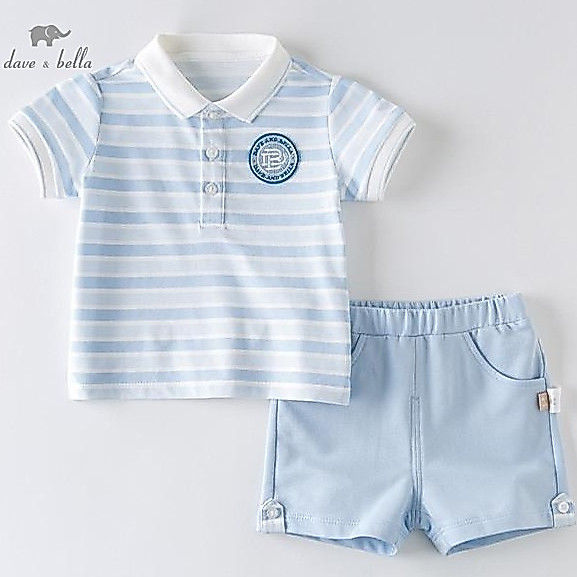 Dave Bella18M-7Y ชุดเด็กชายฤดูร้อน 2 ชิ้นเสื้อโปโลชุดผ้าฝ้ายแท้สบายๆสีฟ้าลาย DBH13656