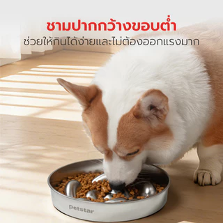 ชามอาหารสุนัข ชามชะลอการกิน Pet food bowl วัสดุสแตนเลส ไม่เป็นสนิม ฐานกันลื่น ขอบต่ำ กินสะดวก ช่วยชะลอการกิน