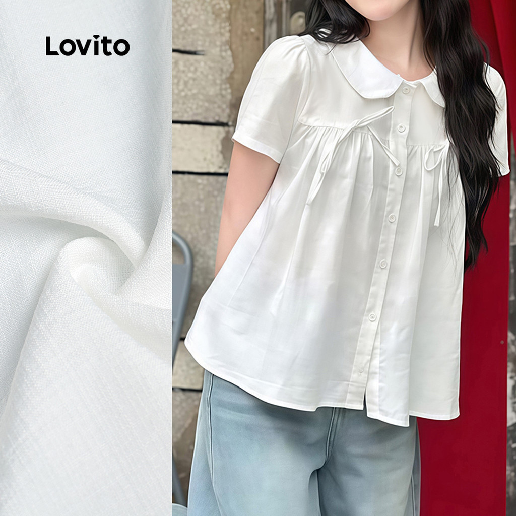 (NEW) Lovito  เสื้อเชิ้ตผู้หญิงสีขาวสําหรับฤดูใบไม้ผลิ/ฤดูร้อน ตกแต่งโบว์ น่ารัก L179AD010