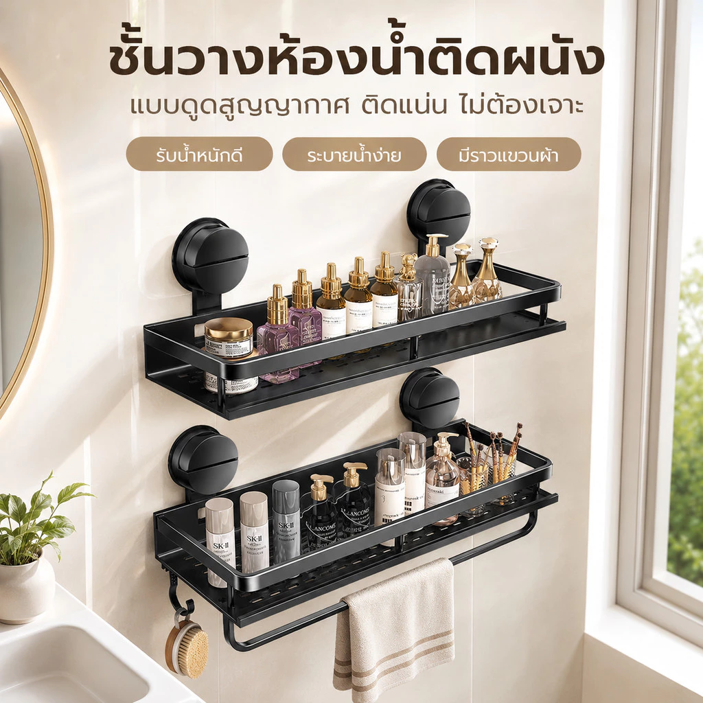 ส่งไว🏠 ชั้นเก็บของแบบถ้วยดูด ชั้นวางติดผนัง ชั้นใส่ของแบบถ้วยดูด การติดตั้งแบบไม่ต้องเจาะรู