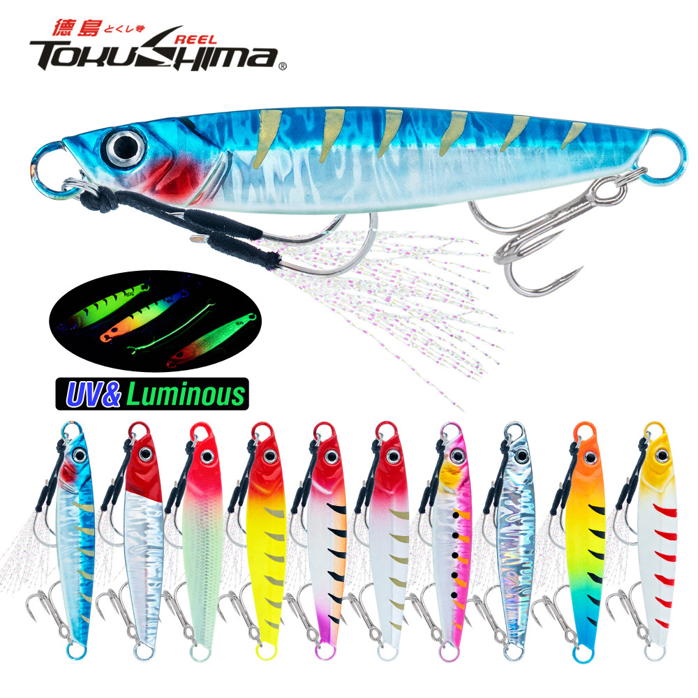 Sinking โลหะ Jig Fishing Lure 20g-60g Luminous UV เคลือบ Hard เหยื่อ Sharp Assist Hook สําหรับตกปลาทะเล Tenggiri GT