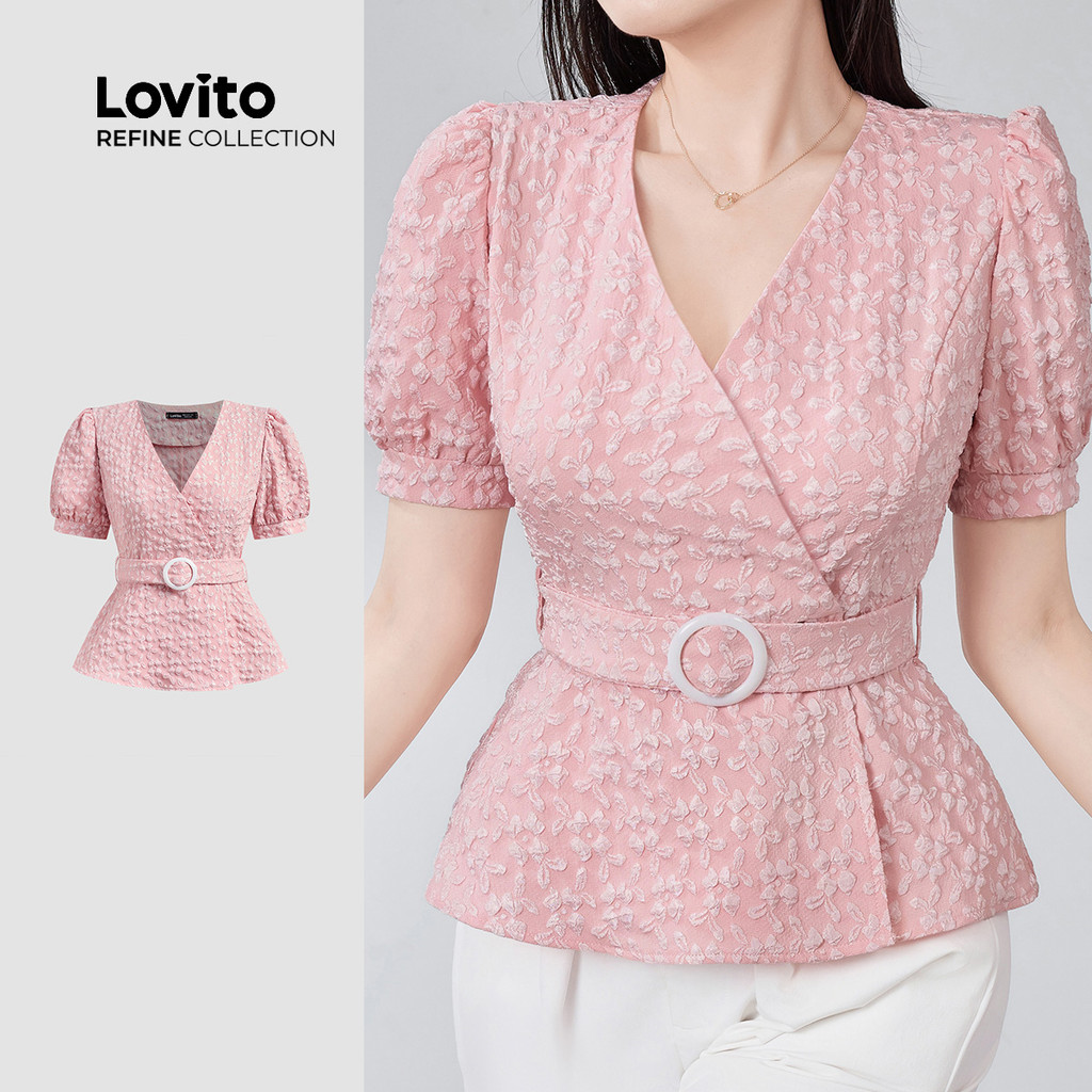 (New) (Lovito Refine) เสื้อเชิ้ตผ้ายัคคาร์แบบหรูหรามีเข็มขัด สีชมพูสำหรับสุภาพสตรีฤดูใบไม้ผลิ/ฤดูร้อน LR18E030