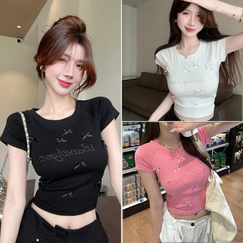 DOMI เสื้อยืดผู้หญิง เสื้อยืดสวยๆผู้หญิง เสื้อยืดแฟชั่นผู้หญิง ใหม่เสื้อยืดแขนสั้นปักโบว์สามมิติ เสื้อครอปสาวหวานสุดฮอต – โปรปัง