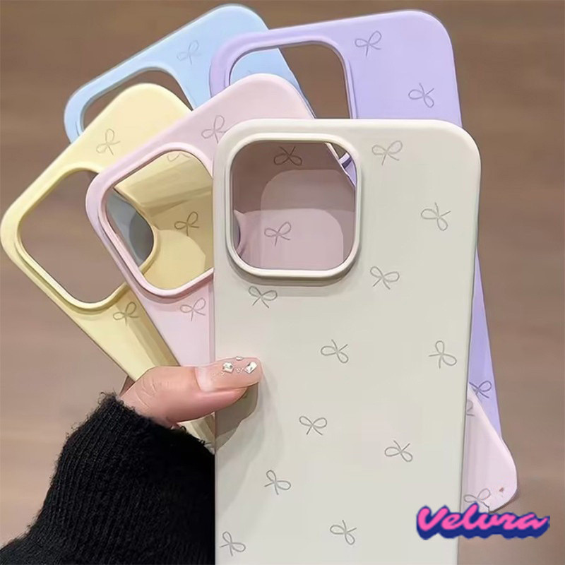 เคสไอโฟน 15 16 สำหรับ For IPhone 15 8 7 14 Plus XR 15 11 16 13 12 14 Pro Max XS X Max เคสหนังเนื้อนุ่มสีขาวผูกโบว์น่ารัก