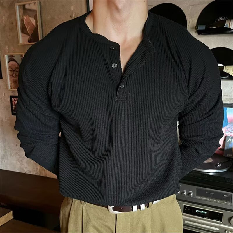 เสื้อ Henley สไตล์แคชวล เสื้อยืดแขนยาวทรงหลวม ระบายอากาศได้ดี เหมาะสำหรับสวมใส่ทุกวัน