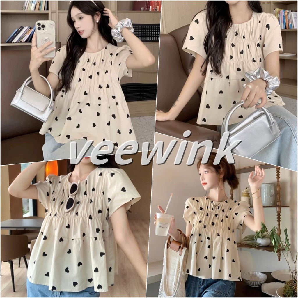 Veewink พร้อมส่งจากกทม เสื้อเชิ้ตแขนสั้นลายหัวใจ สไตล์ฝรั่งเศส ทรงปุกปุย จีบ ใส่กระชับตัว แฟชั่นเฉพาะ