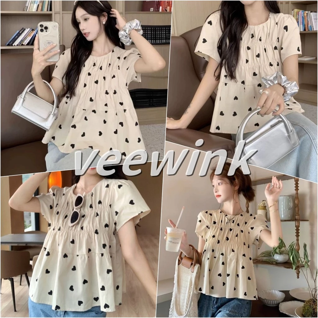 Veewink พร้อมส่งจากกทม เสื้อเชิ้ตแขนสั้นลายหัวใจ สไตล์ฝรั่งเศส ทรงปุกปุย จีบ ใส่กระชับตัว แฟชั่นเฉพาะ