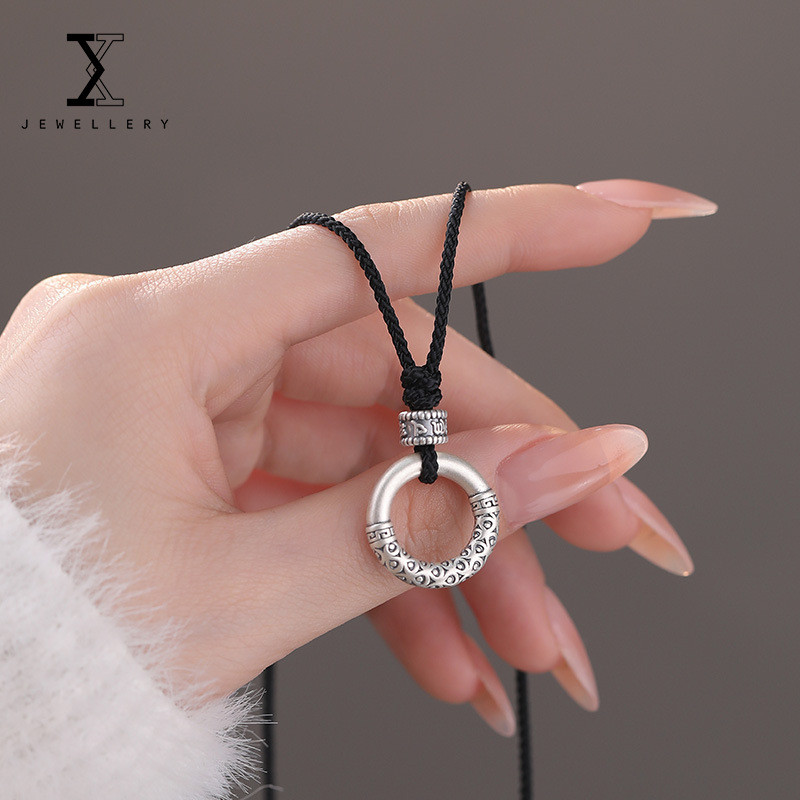 100% S999 เงินสเตอร์ลิง Retro Safe Buckle แหวนสร้อยคอเชือกสีดําแฟชั่น All-Match