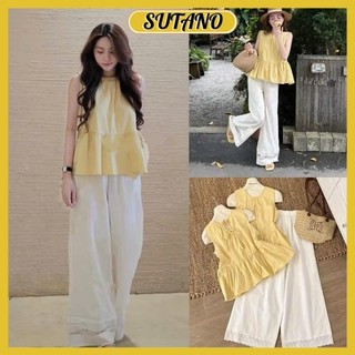Set đồ nữ áo sát nách dáng babydoll buộc dây phối kèm quần suông mix ren điệu đà B246 SUTANO