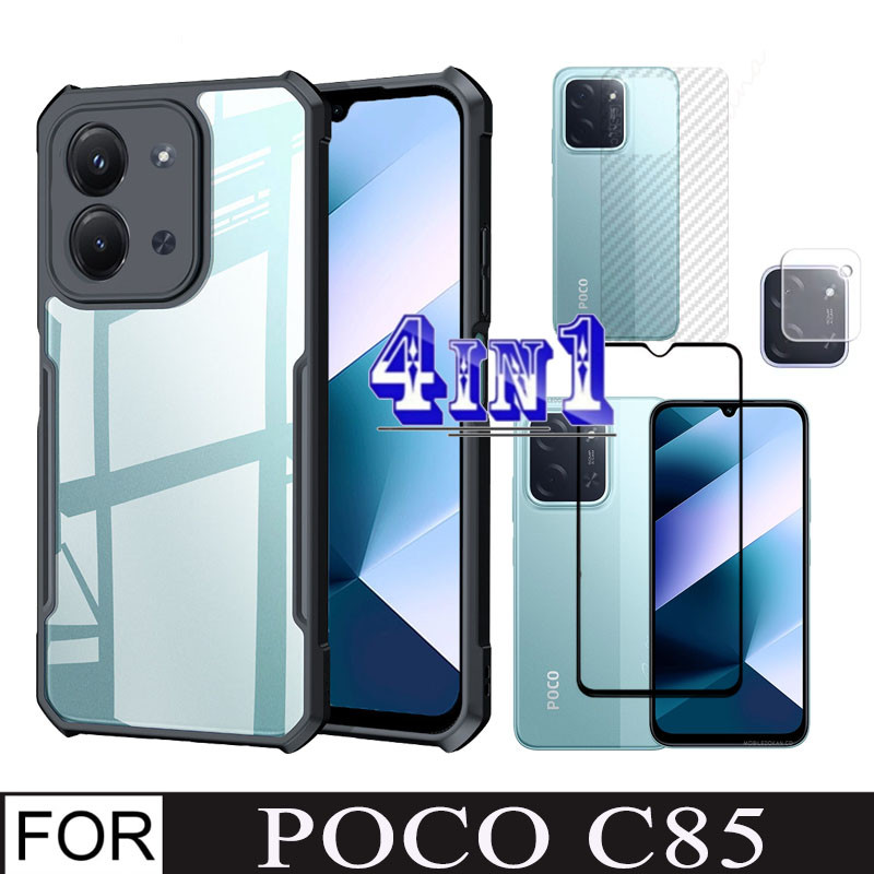 4In1 Poco C85 เคสโทรศัพท์กันกระแทกสําหรับ Poco C71 C75 C65 C61 14C 15C กระจกนิรภัยป้องกันหน้าจอ + ฟิล์มด้านหลัง + ฟิล์มเลนส์กล้อง
