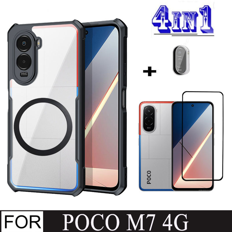 4In1 Poco M7 4Gแม่เหล็กไร้สายชาร์จสติกเกอร์กันกระแทกเคสโทรศัพท์สําหรับPoco C85 กระจกนิรภัยป้องกันหน้าจอ + เลนส์ฟิล์ม