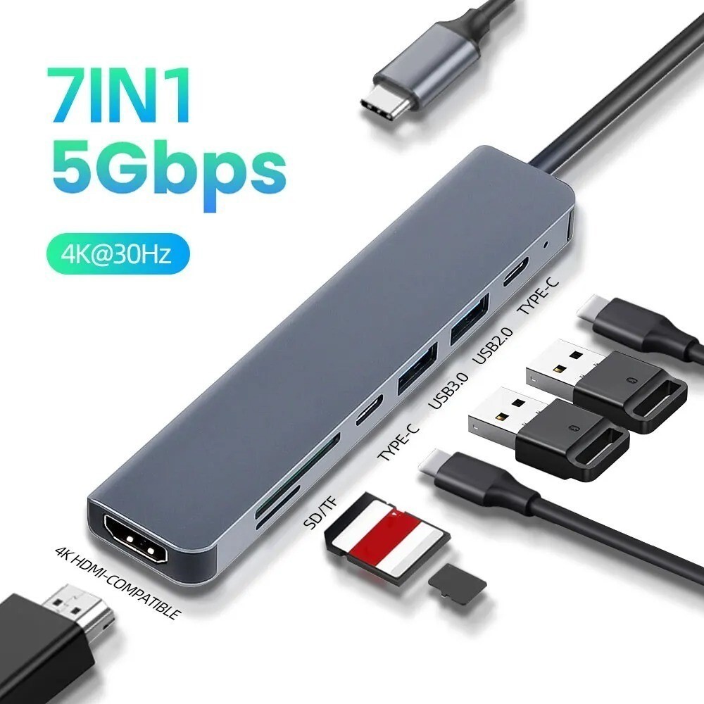 7 in 1 USB C Hub ถึง 4K HDMI USB 3.0 ประเภท C SD TF Card Reader Docking Station สําหรับคอมพิวเตอร์