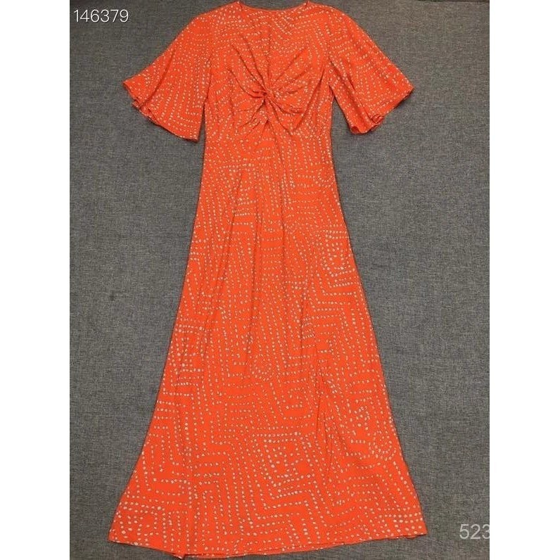 ป้ายเดิม DVF ลายจุดสีส้มสีแดงแขนสั้นเอว Cinching Dress จากเว็บไซต์อย่างเป็นทางการ, ทำจาก Rayon และผ้