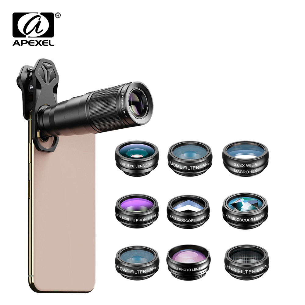 APEXEL 10 in 1 โทรศัพท์มือถือเลนส์ Telephoto Fisheye เลนส์มาโครมุมกว้าง + CPL/Flow/Radial/Star Filter สําหรับสมาร์ทโฟนทุกรุ่น