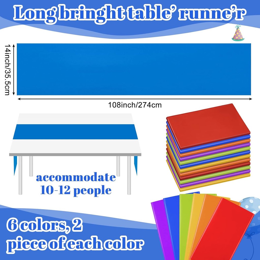 Panelee 12 ชิ้น พลาสติกสีสันสดใส_runner ขนาด 14x108 นิ้ว สำหรับงานปาร์ตี้และวันสำคัญ