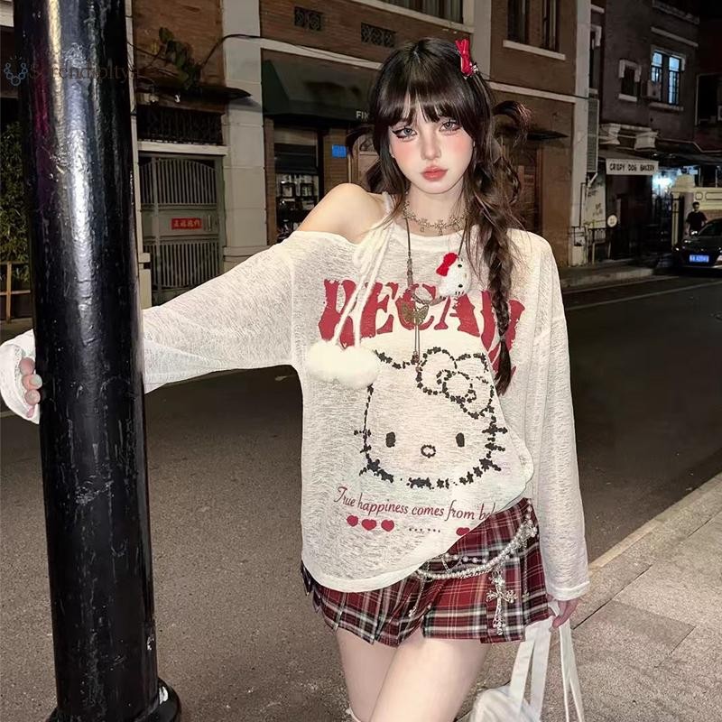 การ์ตูนแมวพิมพ์เสื้อยืดผู้หญิง chic off-shoulder แขนยาว คล่องตัว