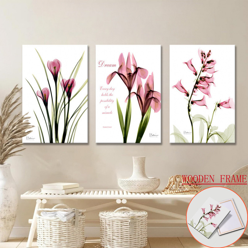 (พร้อมกรอบ) Modern Botanical Wall Art Set พิมพ์ผ้าใบกุหลาบสีชมพูใบไม้สีเขียว, ข้อความทอง Contemporary Floral Decor สําหรับห้องนั่งเล่น