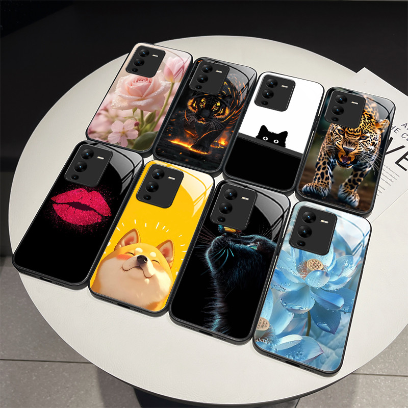 สําหรับ Vivo V25 Pro V2158 Elegant ดอกไม้แมวปลอก Vivo V 25 Pro V25Pro เลนส์ป้องกันกระจกนิรภัยเคสโทรศ
