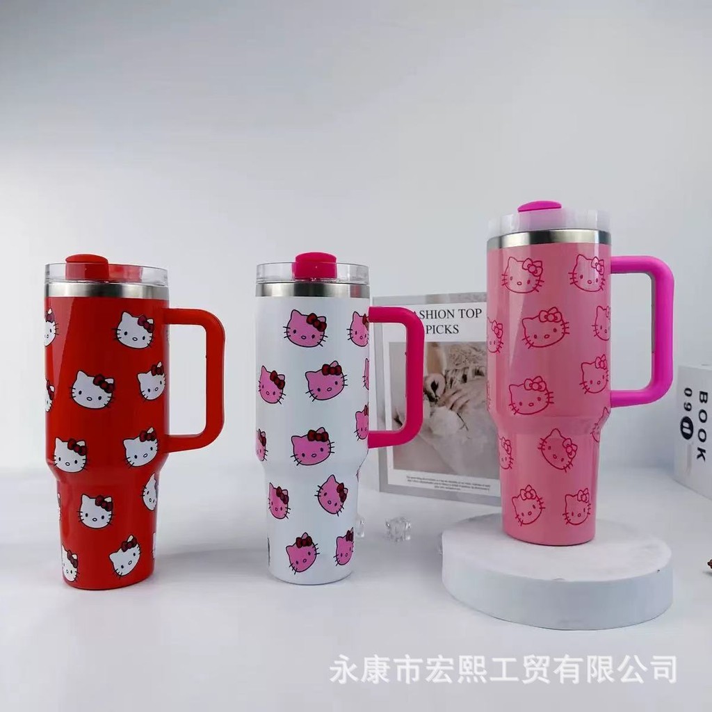 40OZ Handle Car Cup Thermos Cup พร้อมหลอด Car Cooler Ice Master Cup การ์ตูน Kitty Cat ถ้วยน้ํา 25.9.