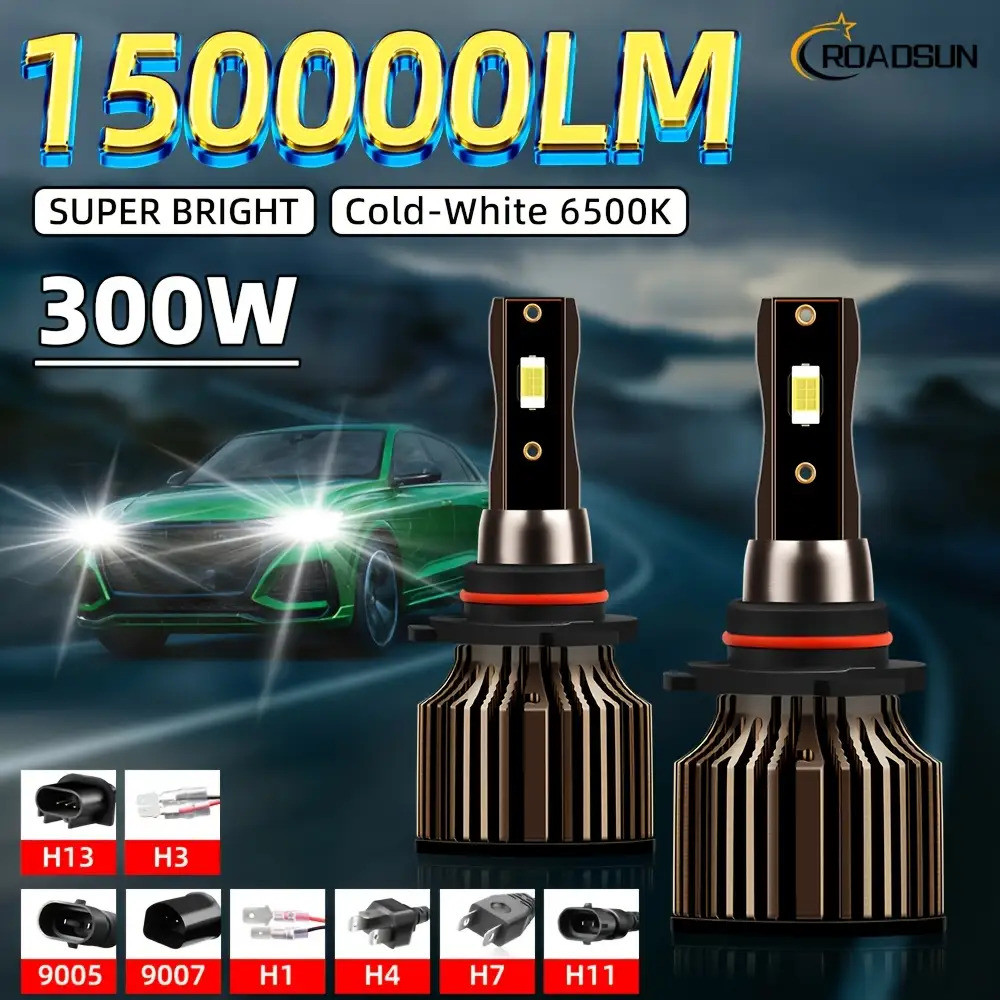 2 ชิ้น ROADSUN H1 H7 H11 9005 9006 H4 H13 9007 9004 หลอดไฟ LED 150000LM 300W 6500K สีขาว Ultra Brigh
