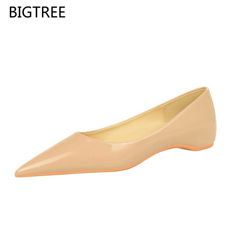 BIGTREE สุภาพสตรีรองเท้าแบน 531-1 ยุโรปสไตล์อเมริกันฤดูใบไม้ผลิฤดูใบไม้ร่วง Pedicure Simple All-Match สิทธิบัตรหนังปากตื้น Pointed Toe ส้นต่ําด้านในความสูงรองเท้าผู้หญิง