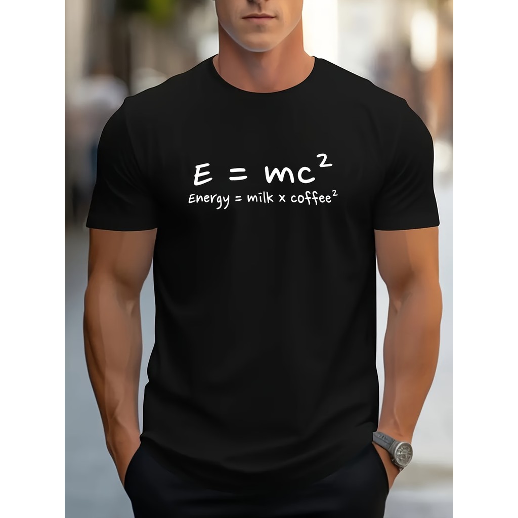 เสื้อยืดวิทยาศาสตร์ตลกๆ สำหรับผู้ชาย POASOD E=mc² Milk x Coffee² เสื้อยืดกราฟิกสีดำและสีขาว