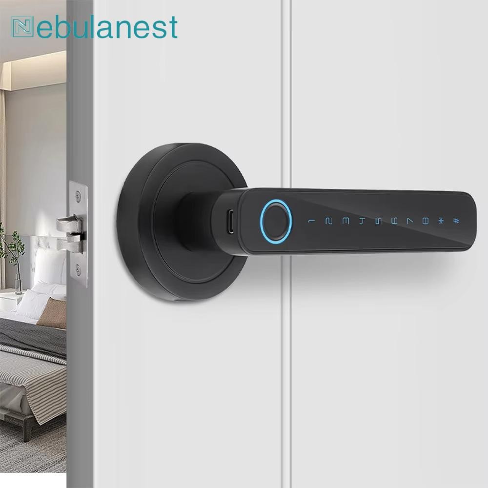 มือจับล็อคประตูอัจฉริยะ เนบิวลาเนส รหัสผ่านอิเล็กทรอนิกส์ ล็อคประตูดิจิตอล 6 ใน 1 แอป ปลดล็อคระยะไกลด้วยคีย์การ์ดบลูทูธ ล็อคลายนิ้วมือ โรงแรม อพาร์ท