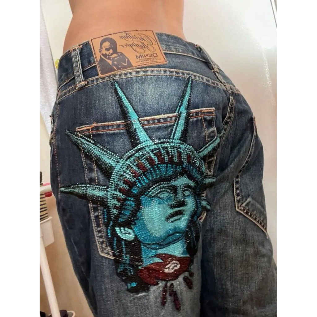 Y2k 2000s รูปปั้น Liberty Diamonds Casual เอวสูงตรงกางเกงขากว้างผ้ายีนส์ Harajuku Vintage เสื้อผ้าผู้หญิง