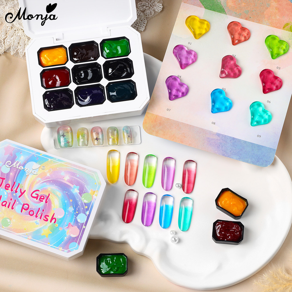 Monja 9 สี/กล่องเล็บ UV เจล Polish Jelly Candy สี Semi Transparency Lacquer Jelly ภาพวาดโปร่งแสงวาด